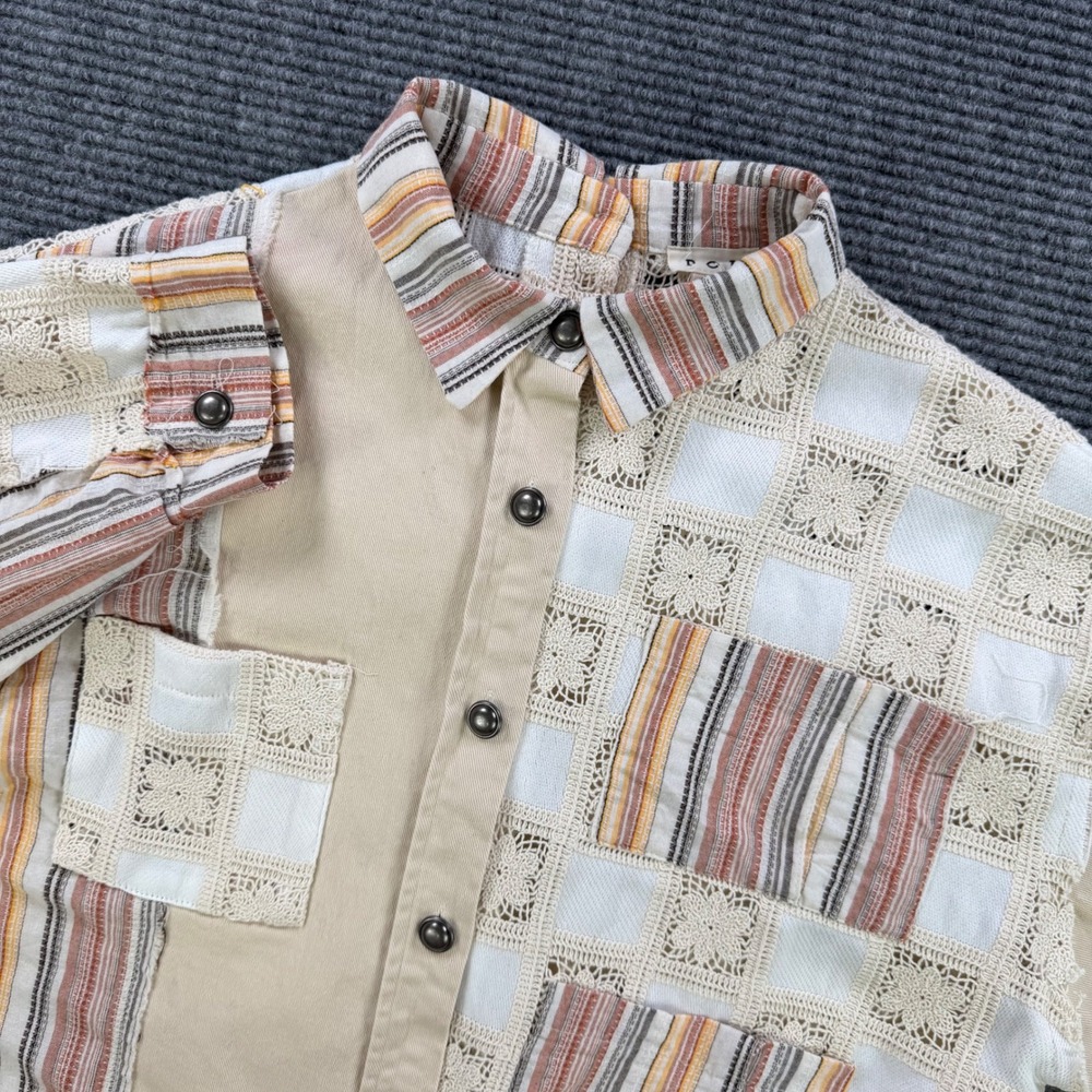 POL Clothing Patchwork Crochet Lace Striped Crop Jacket Womens Large Tan Beige